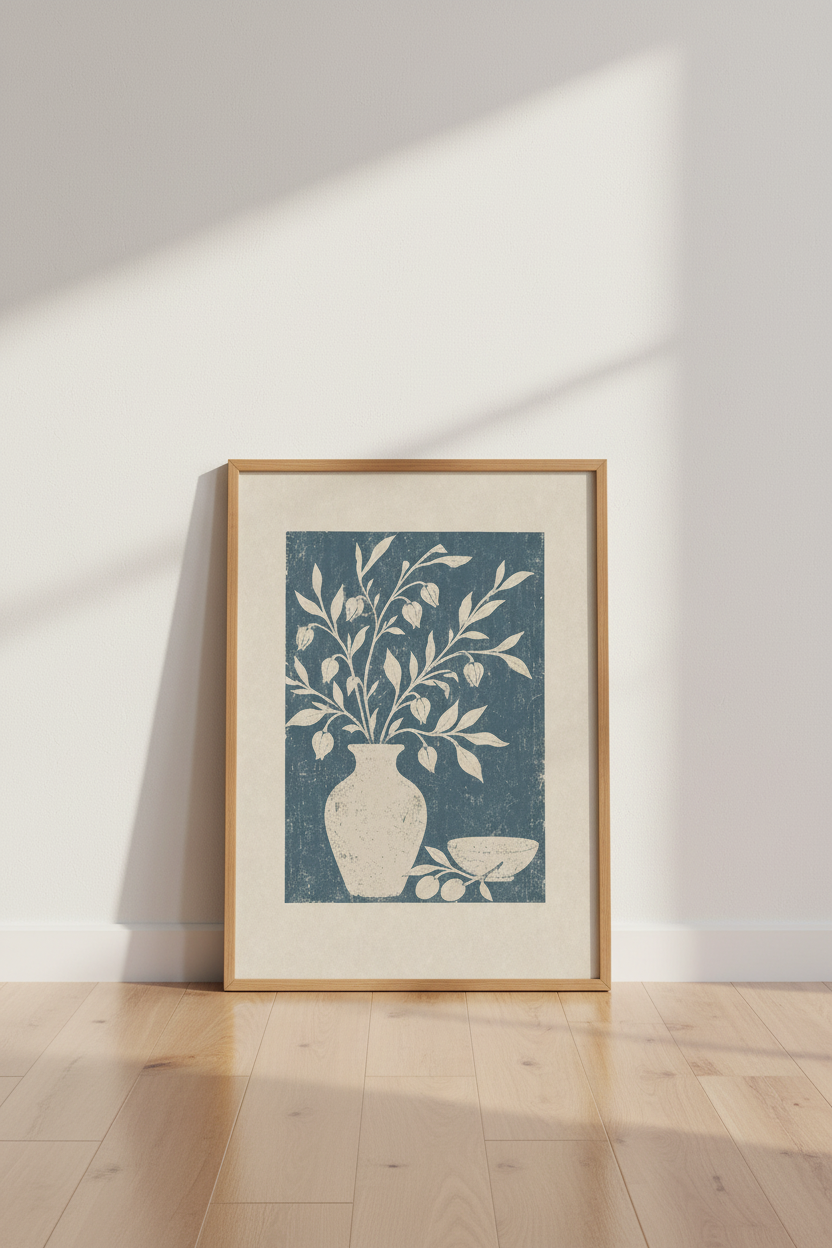 Floral Still Life Linocut | Blue Botanical Art, Mediterranean Style Poster