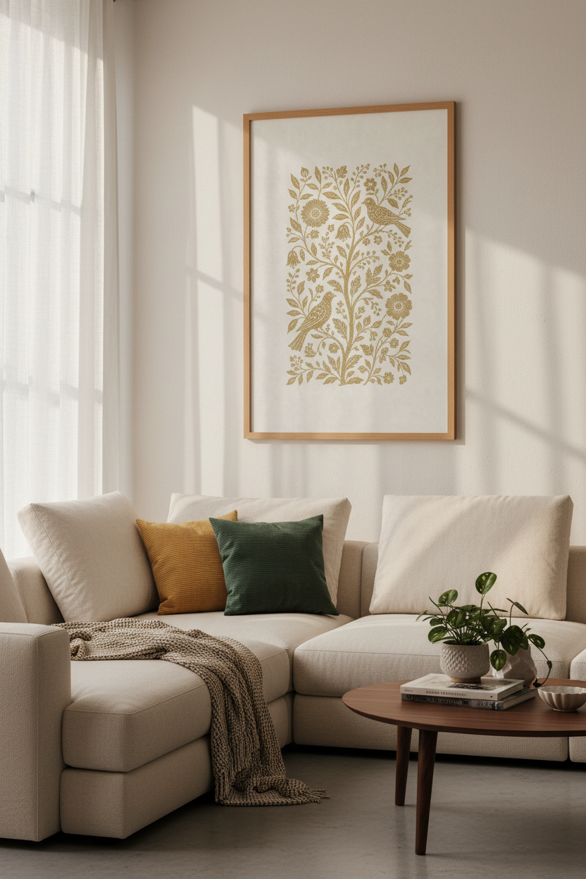 Folk Art Bird &amp; Floral Wall Art | Gold Botanical Poster, Cottagecore Decor