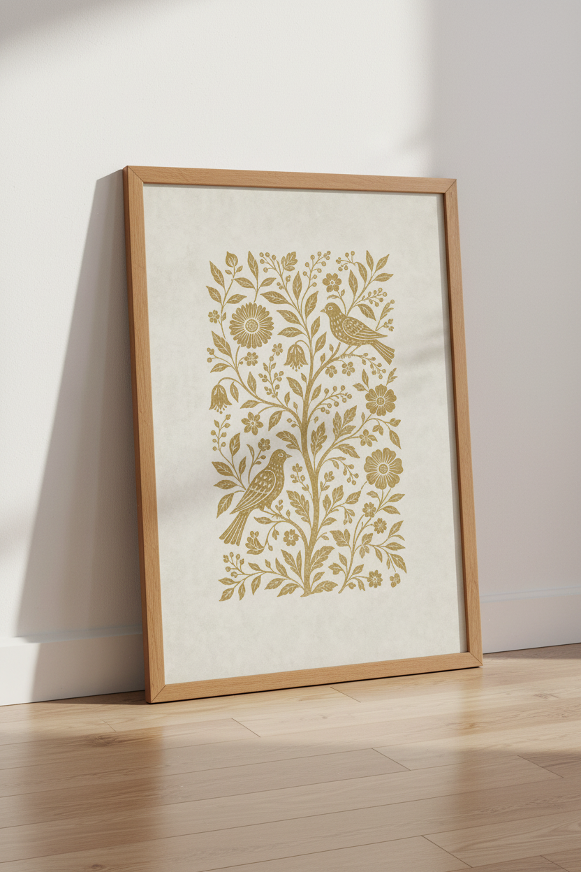 Folk Art Bird &amp; Floral Wall Art | Gold Botanical Poster, Cottagecore Decor
