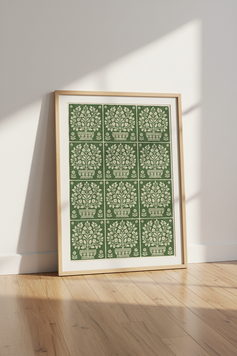 botanical wall art | Vintage green tile, living room decor
