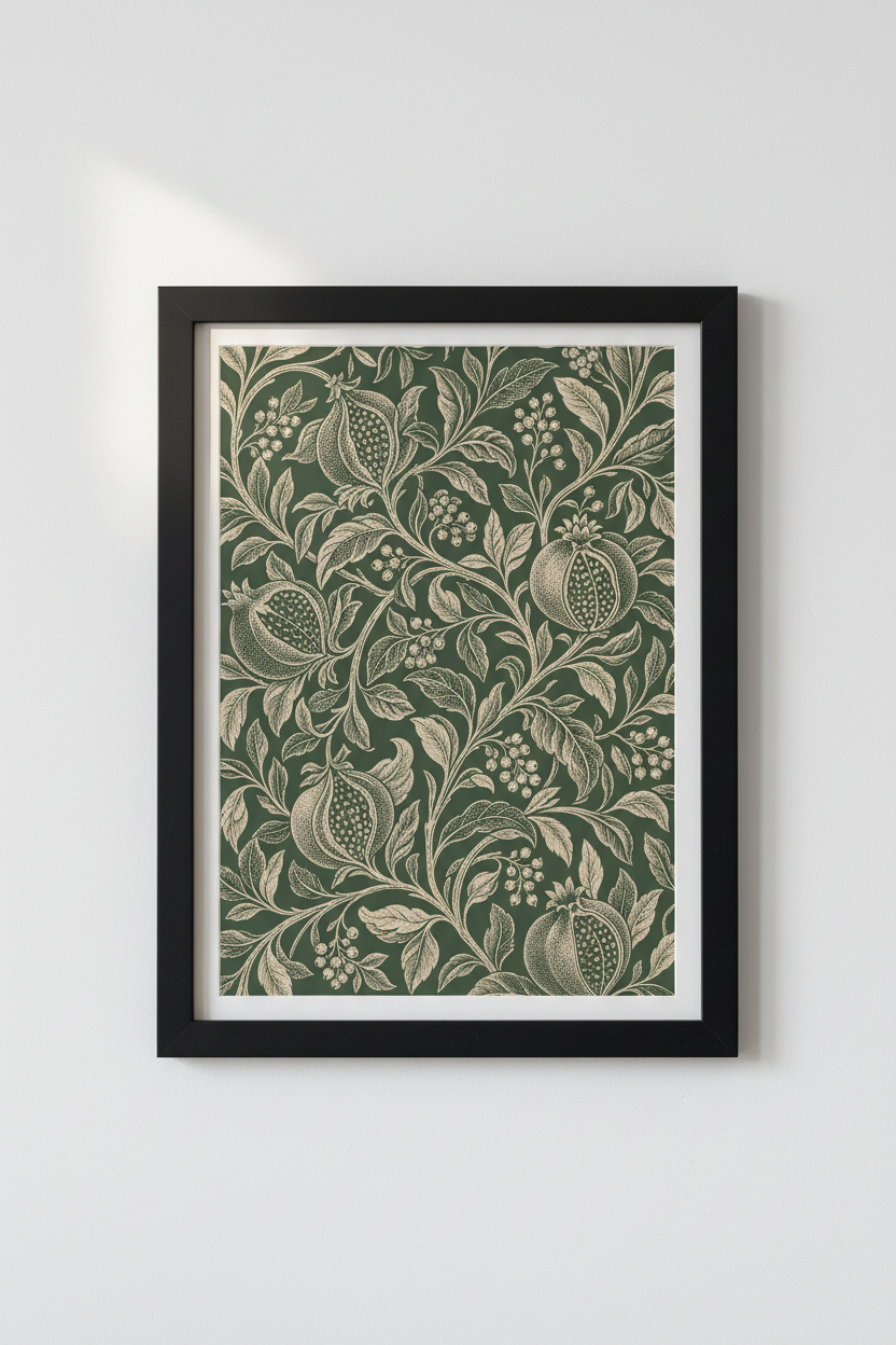 Pomegranate Botanical Wall Art | William Morris Style Green Decor | Vintage Poster