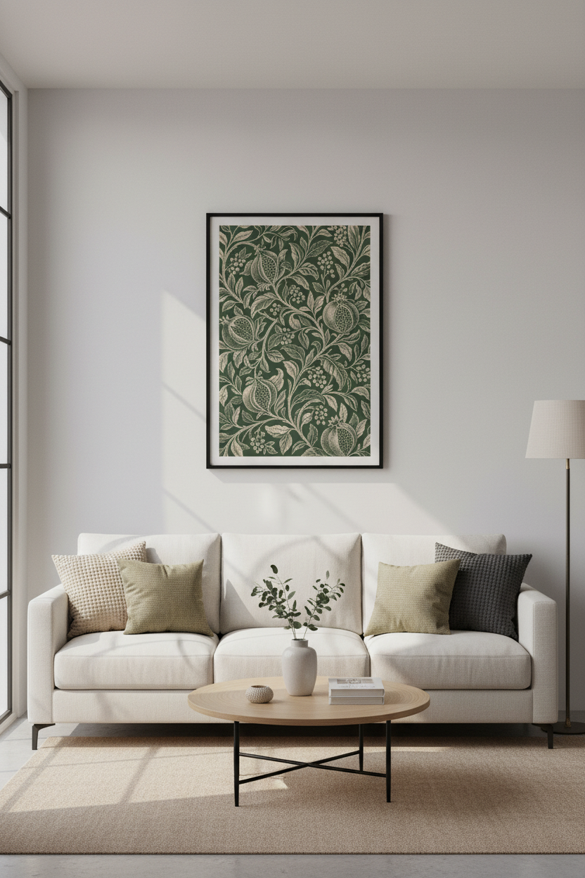 Pomegranate Botanical Wall Art | William Morris Style Green Decor | Vintage Poster