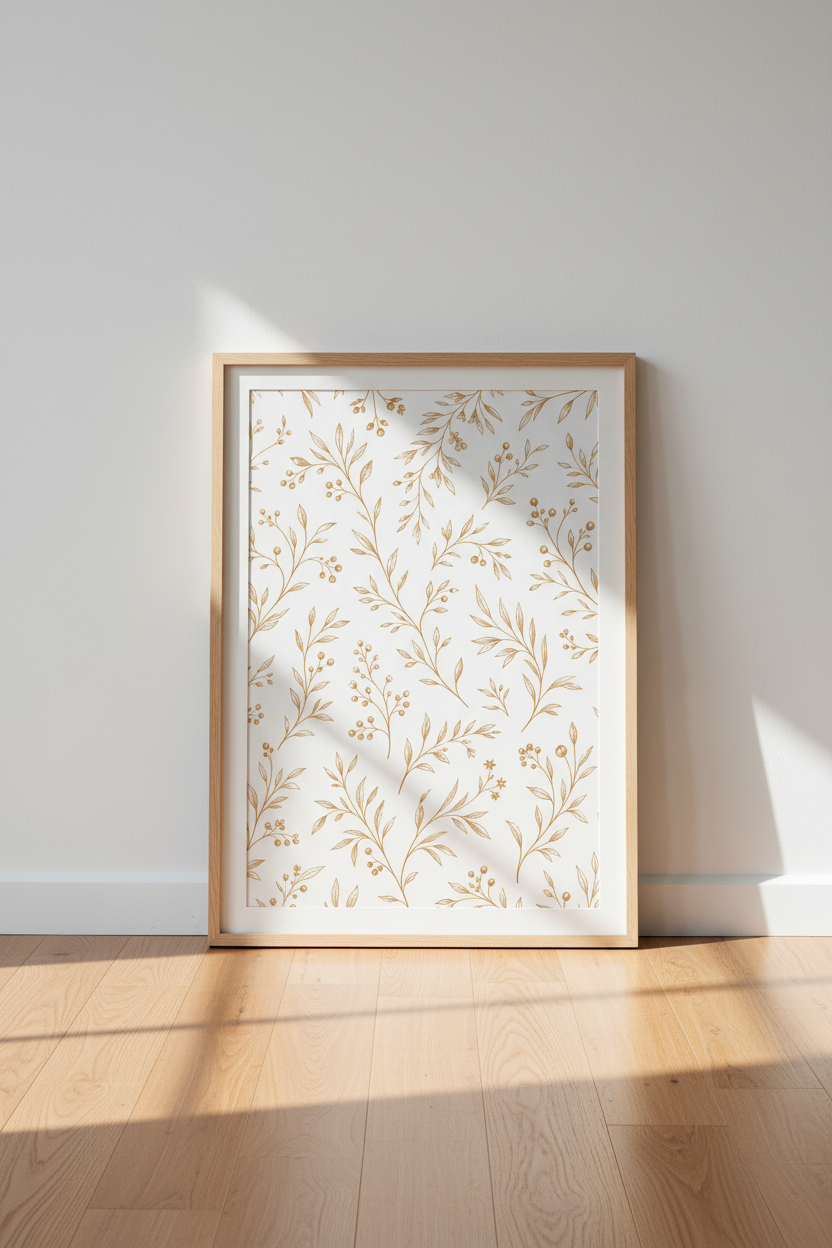 Botanical Floral Line Art | Gold Branch Poster, Minimalist Bedroom Wall Decor