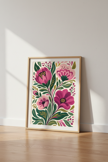 Folk Art Floral Wall Art | Pink Botanical Poster | Living Room Decor Aesthetic