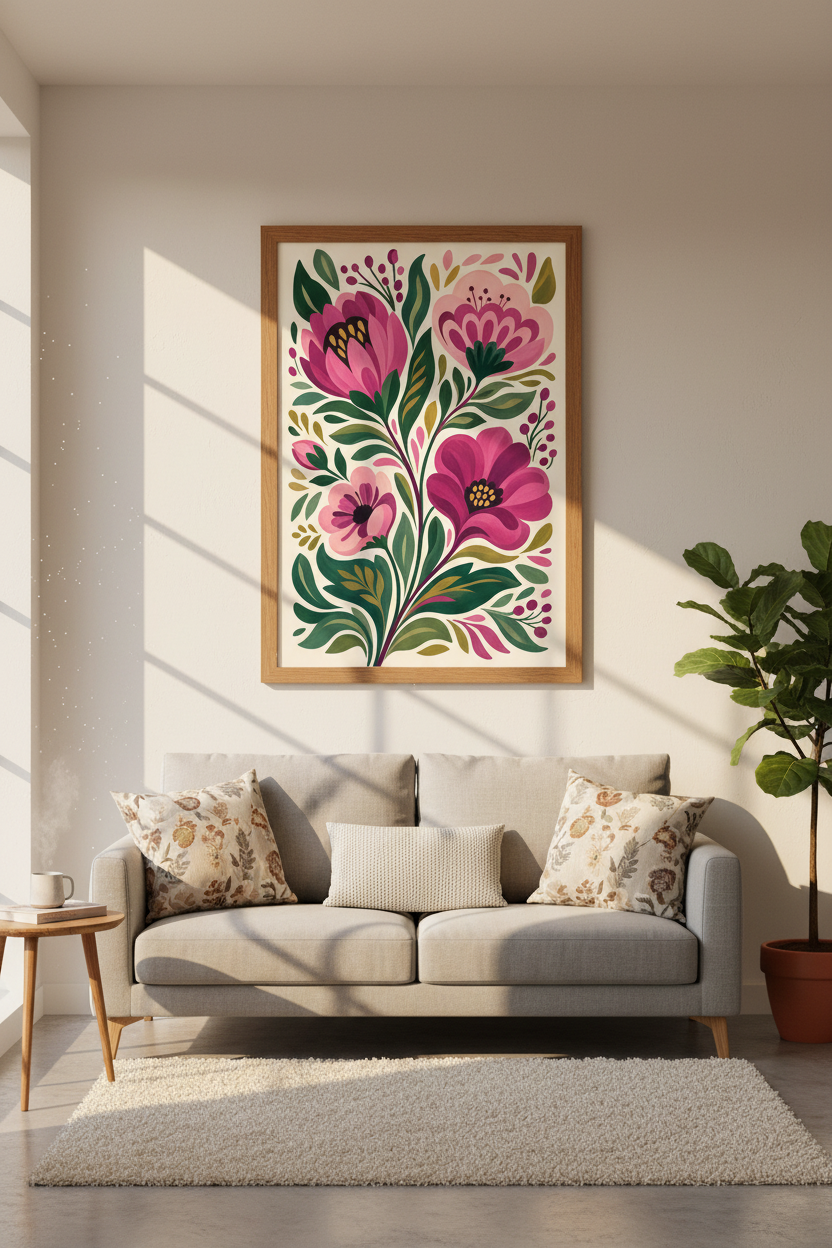 Folk Art Floral Wall Art | Pink Botanical Poster | Living Room Decor Aesthetic