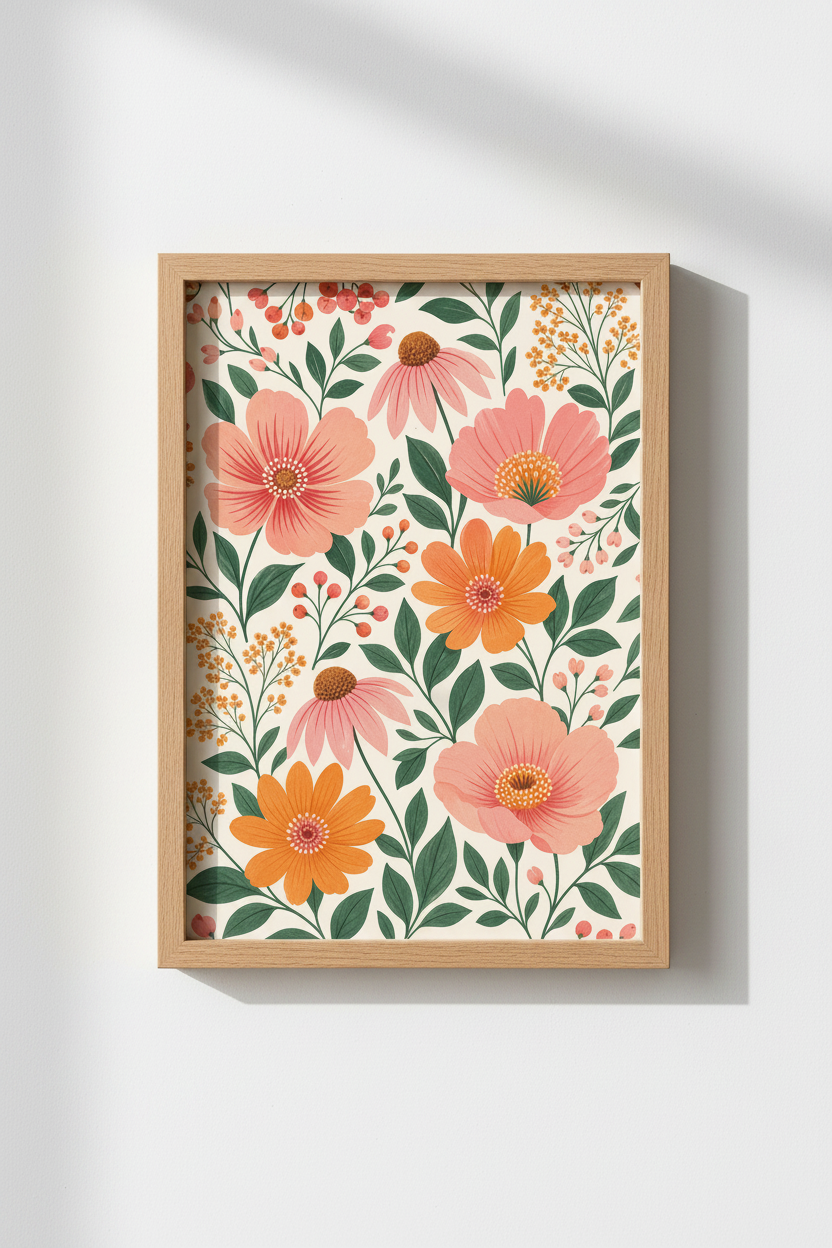 Floral Wildflower Wall Art Print | Boho Botanical Decor | Peach &amp; Pink Poster