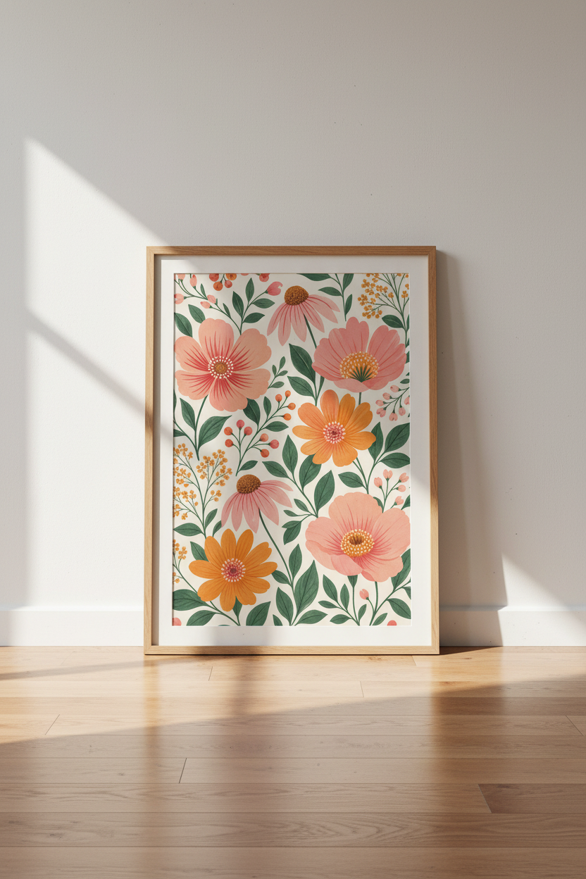 Floral Wildflower Wall Art Print | Boho Botanical Decor | Peach &amp; Pink Poster