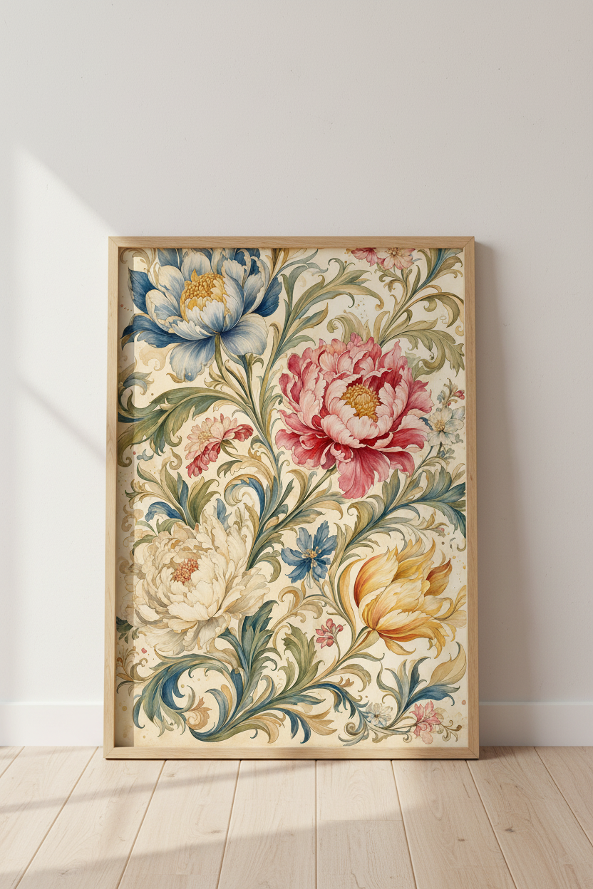 Vintage Floral Peony Wall Art Print | Botanical Living Room Decor | Chinoiserie Poster