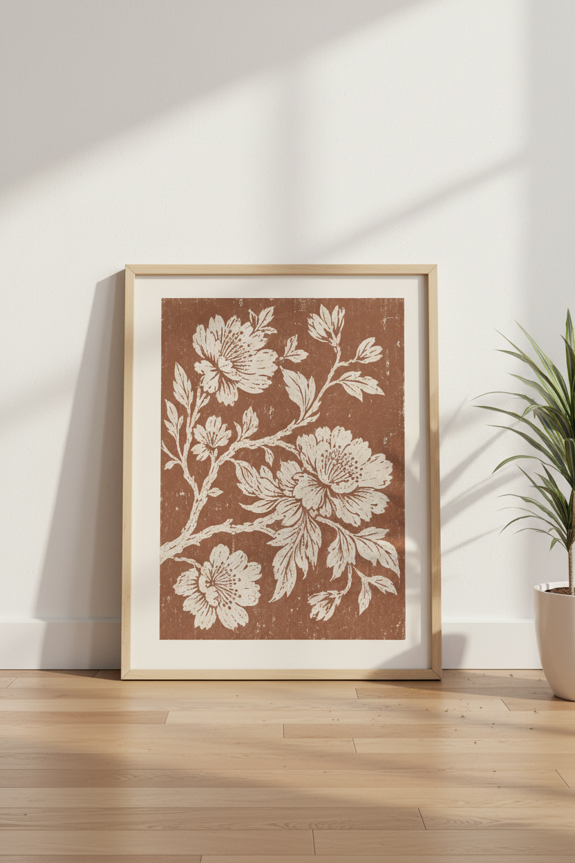 Vintage Botanical Poster | Rust-Brown Floral, Living Room Decor