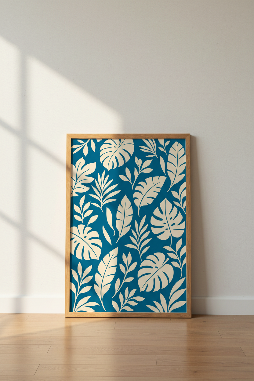 Tropical Monstera Leaf Wall Art | Teal &amp; Cream Botanical Decor | Minimalist Poster