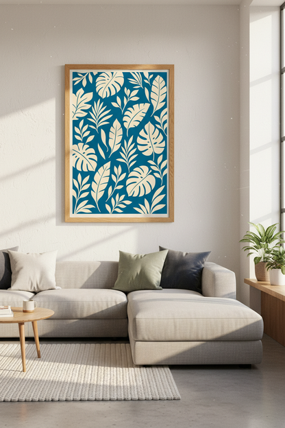 Tropical Monstera Leaf Wall Art | Teal &amp; Cream Botanical Decor | Minimalist Poster