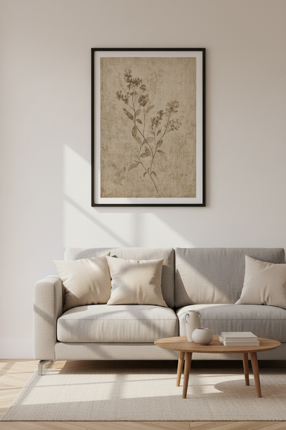 Vintage Botanical Wildflower Print | Rustic Beige Linen Poster, Farmhouse Wall Art