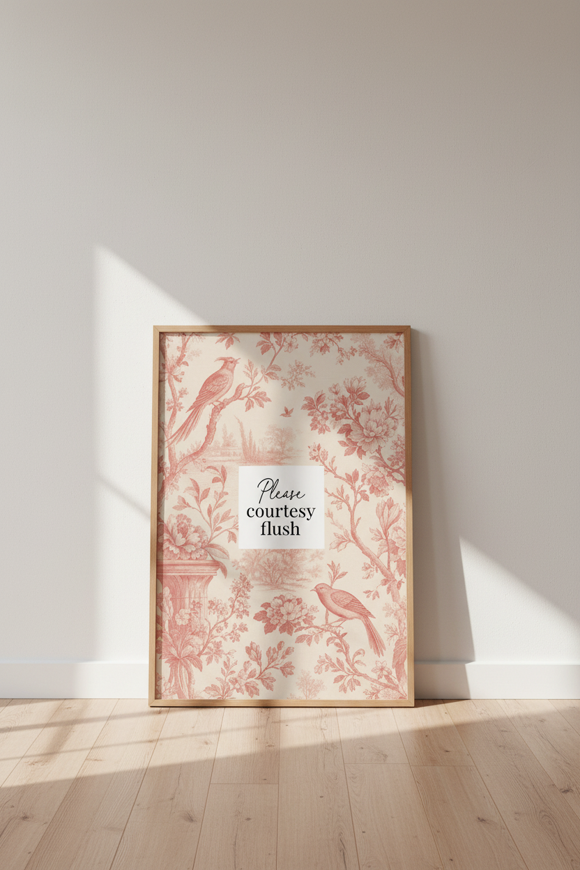 Please Courtesy Flush Wall Art | Pink Toile Bird Print | Funny Bathroom Decor