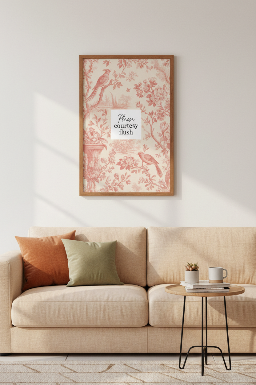 Please Courtesy Flush Wall Art | Pink Toile Bird Print | Funny Bathroom Decor