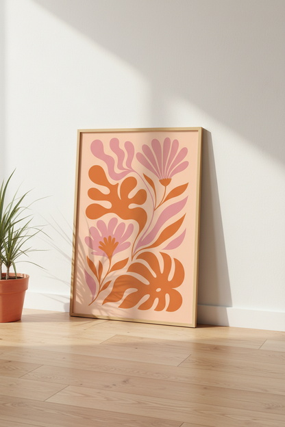 Floral Abstract Art | Orange Peach Palette, Living Room Decor | Modern Poster