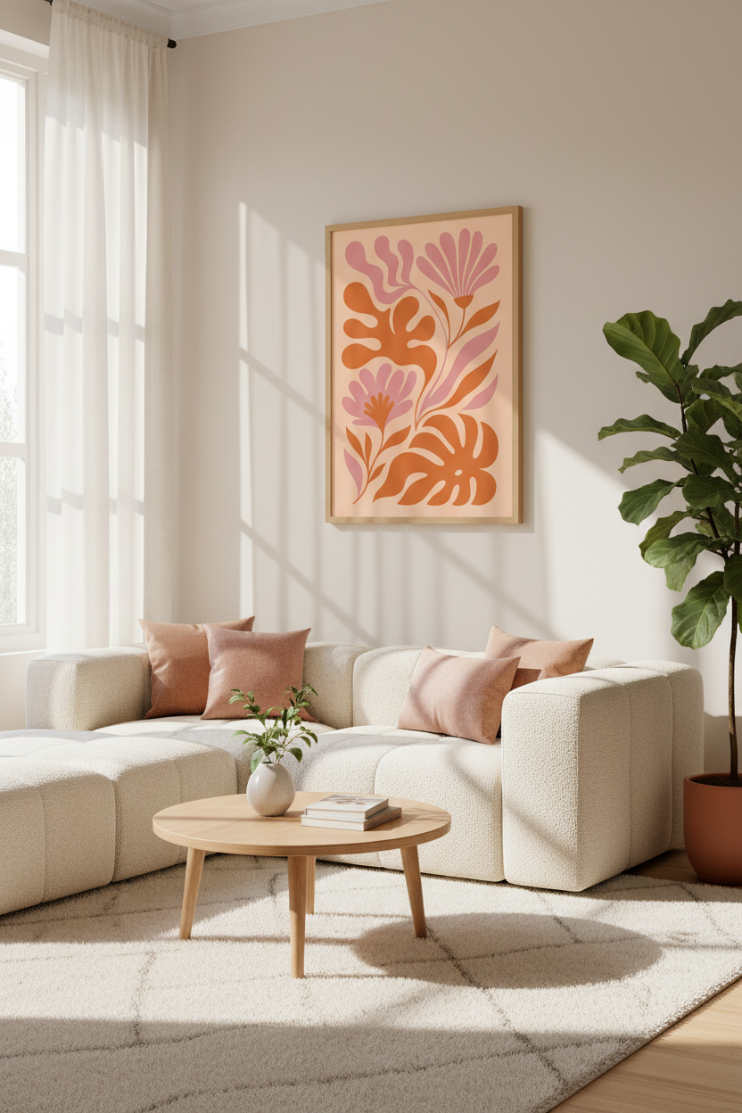 Floral Abstract Art | Orange Peach Palette, Living Room Decor | Modern Poster