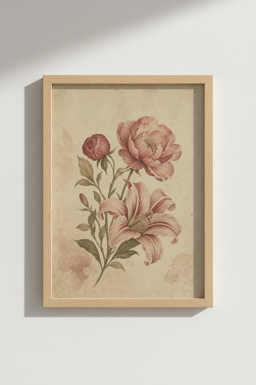 pink floral wall art | vintage botanical tones, living room decor
