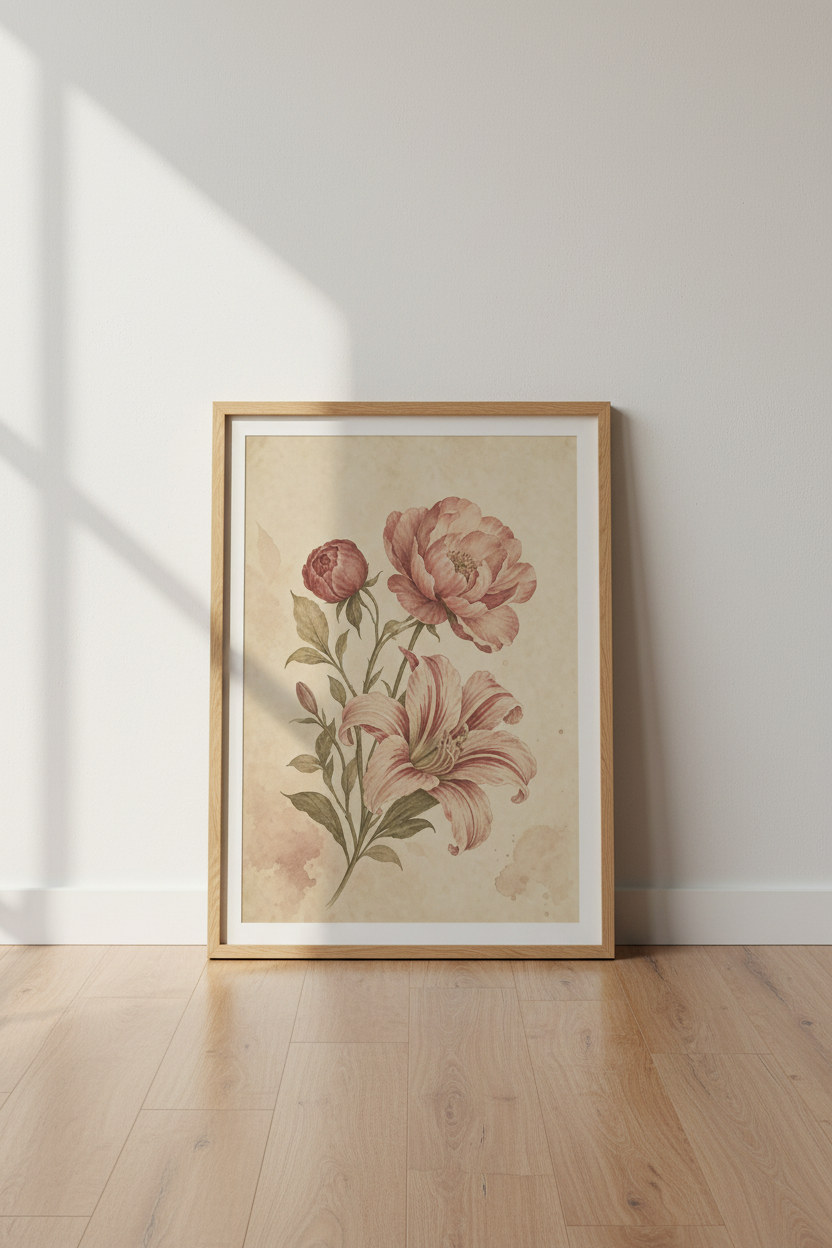 pink floral wall art | vintage botanical tones, living room decor