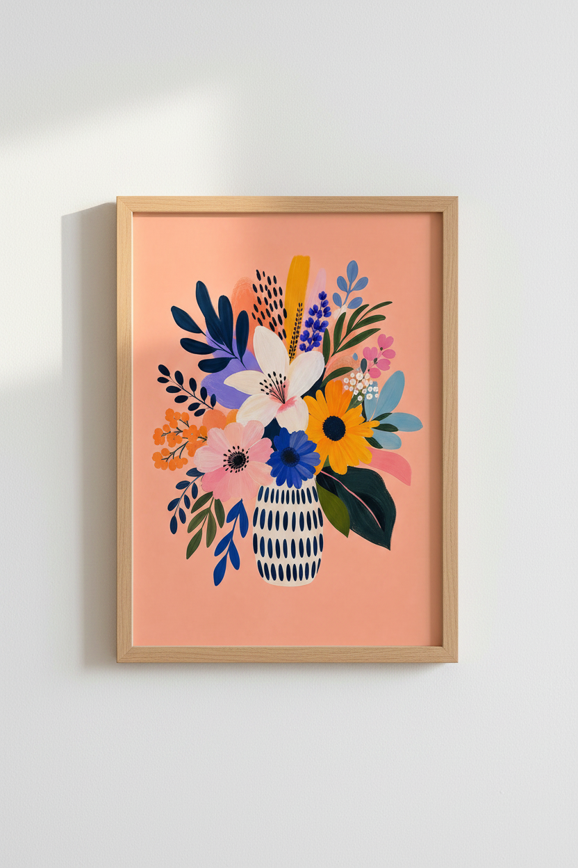 Colorful Floral Art Print | Modern Botanical Vase Poster, Bright Living Room Decor