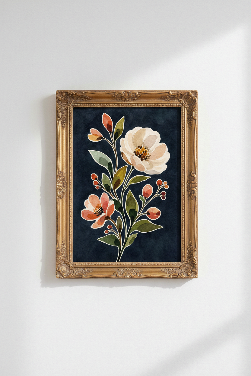 botanical wall art | Navy Floral Watercolor, Living Room Decor