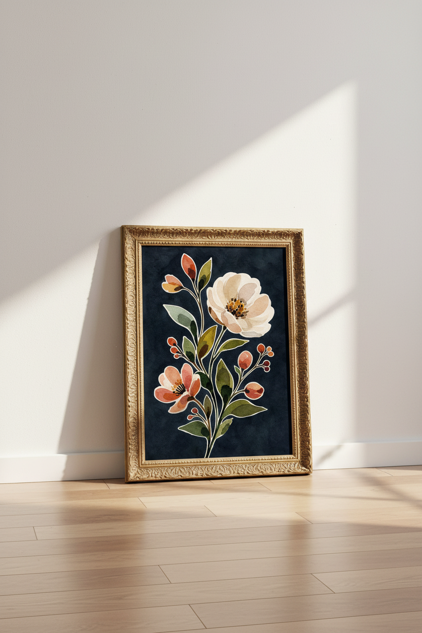 botanical wall art | Navy Floral Watercolor, Living Room Decor