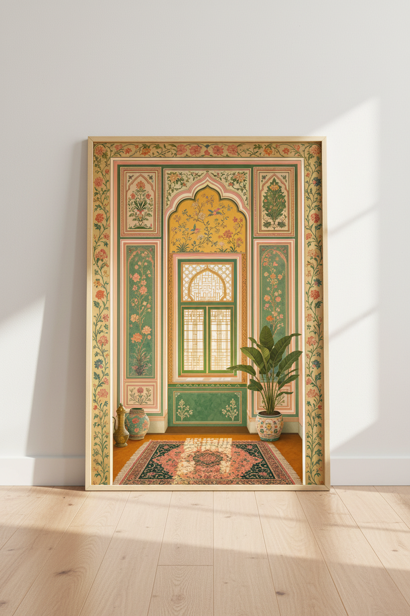 Persian Arched Window Wall Art | Sage Green Floral Decor | Boho Aesthetic Poster