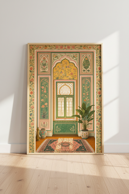 Persian Arched Window Wall Art | Sage Green Floral Decor | Boho Aesthetic Poster