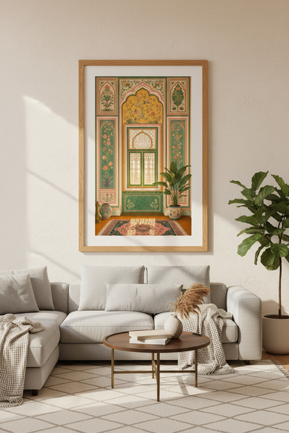 Persian Arched Window Wall Art | Sage Green Floral Decor | Boho Aesthetic Poster