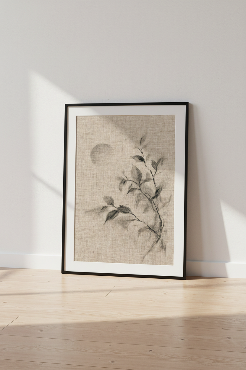 Charcoal Leaves Sketch Wall Art | Minimalist Neutral Poster | Zen Home Decor