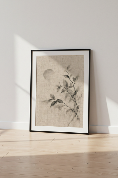 Charcoal Leaves Sketch Wall Art | Minimalist Neutral Poster | Zen Home Decor