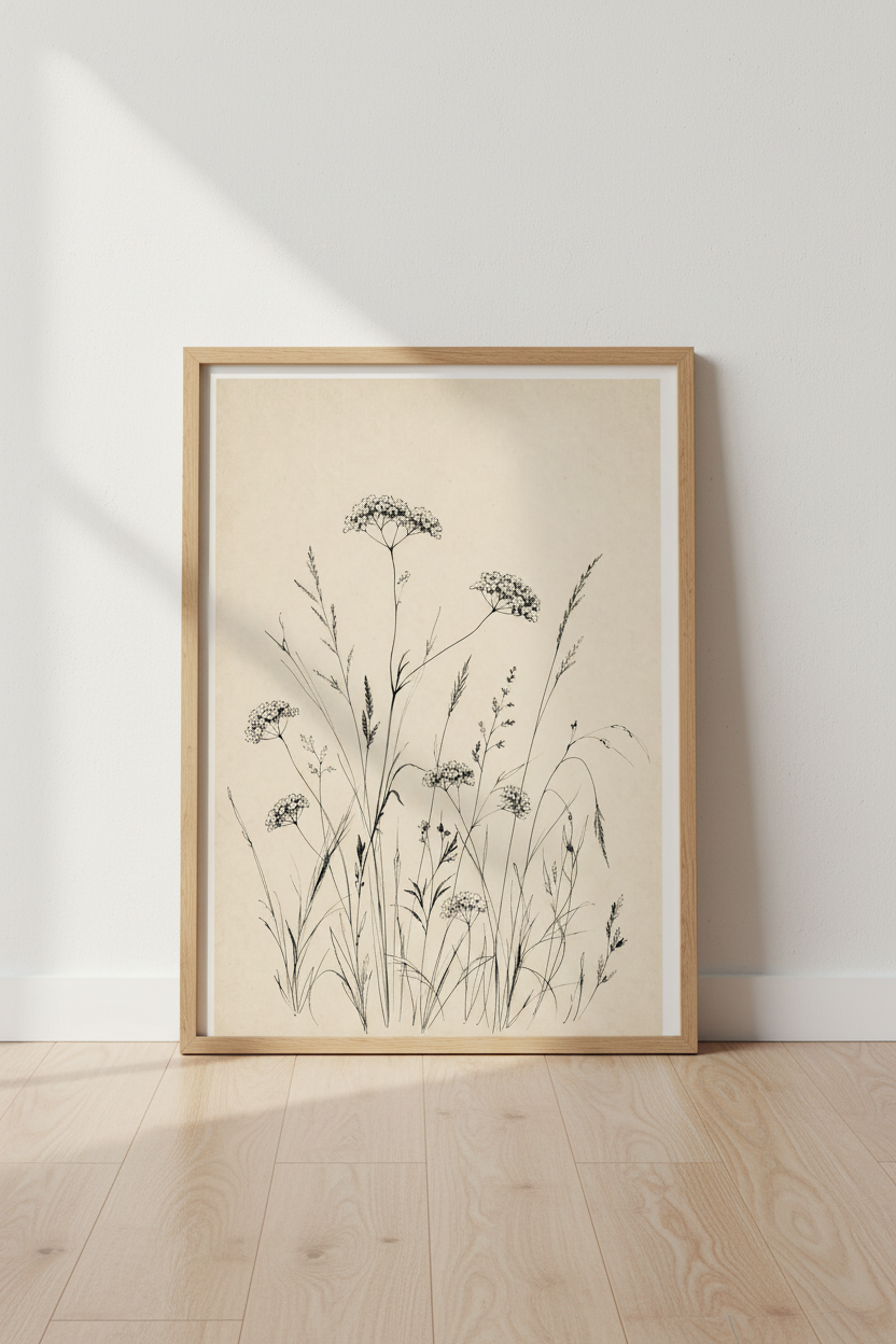 Botanical wall art | Minimalist ink plants, Living room decor