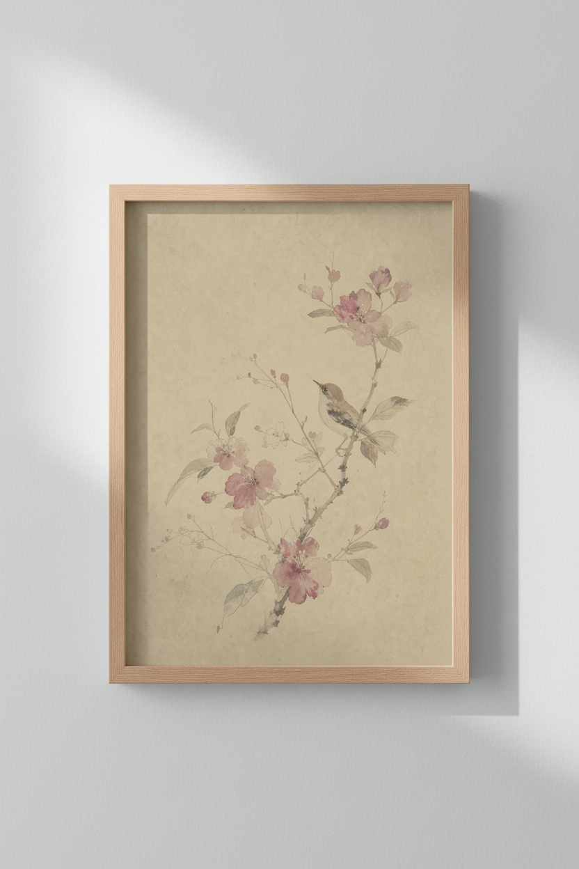 Cherry Blossom Wall Art | Vintage Ink Wash, Soft Pink Blooms, Living Room Decor