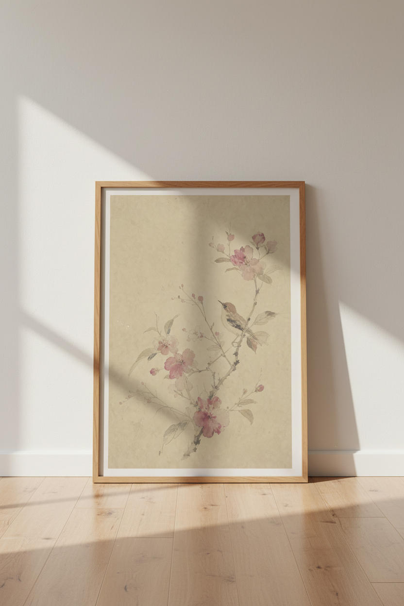 Cherry Blossom Wall Art | Vintage Ink Wash, Soft Pink Blooms, Living Room Decor