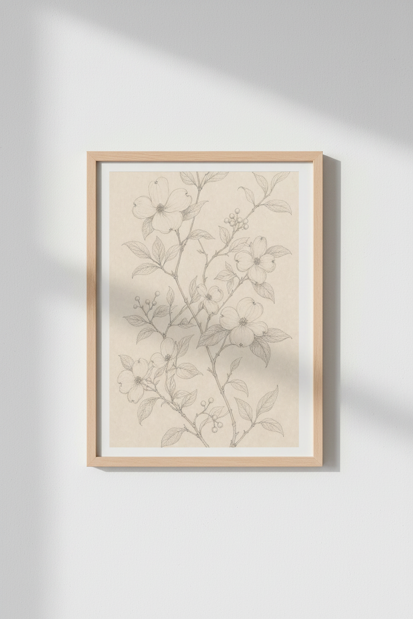 Vintage Sketch Flower Print | Botanical Pencil Drawing Art, Neutral Cottagecore Wall Decor