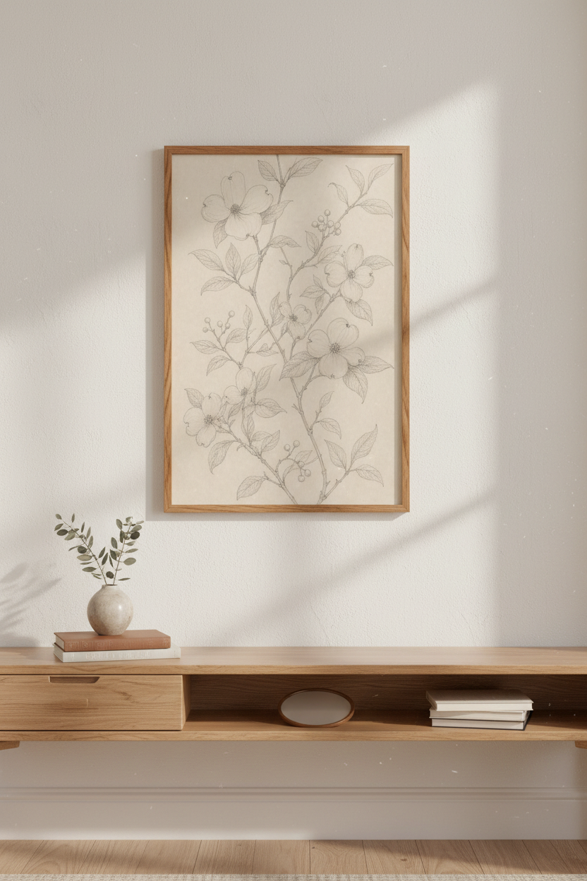 Vintage Sketch Flower Print | Botanical Pencil Drawing Art, Neutral Cottagecore Wall Decor