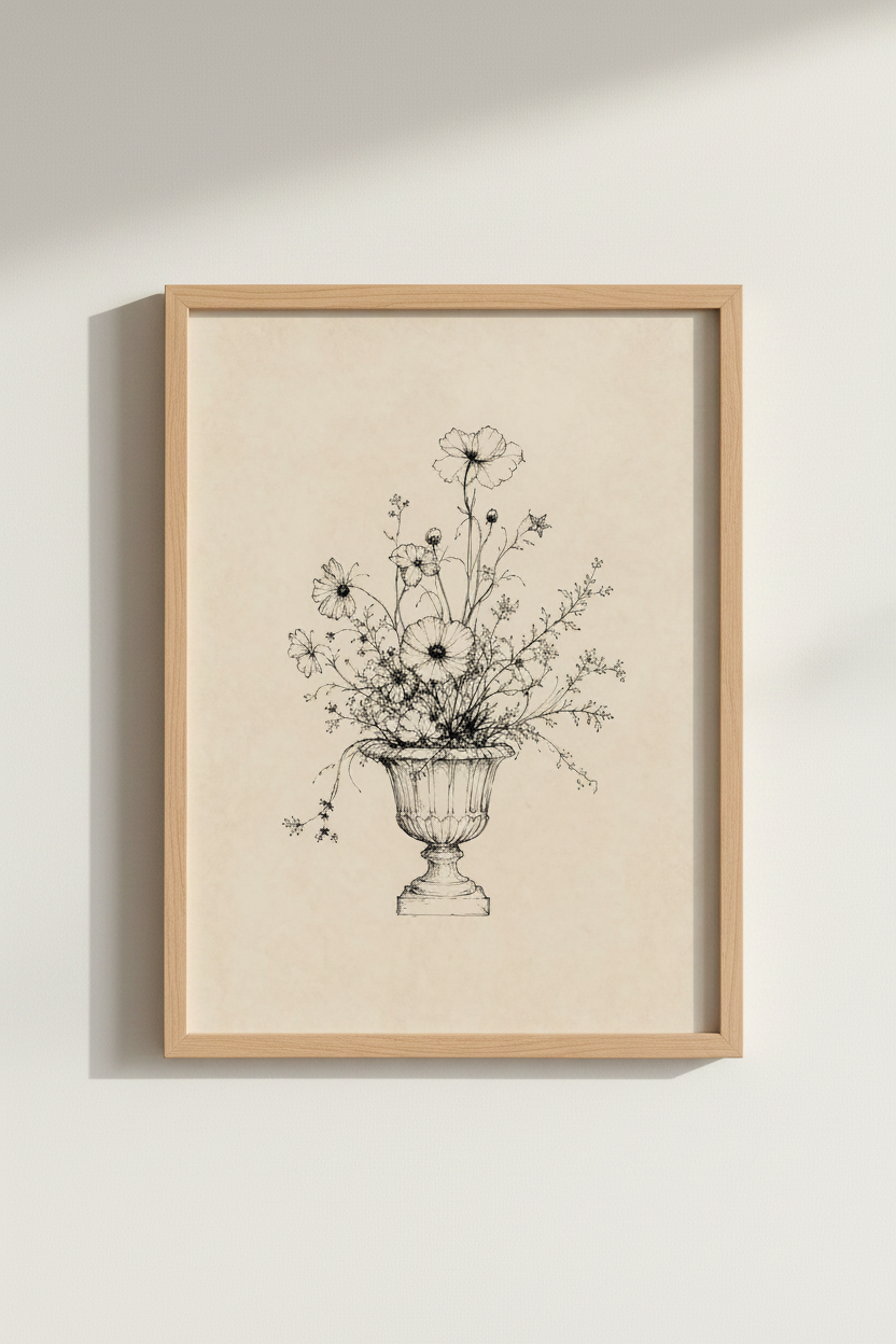 Botanical Line Art Print | Vintage Ink Sketch, Vase Florals | Living Room Decor