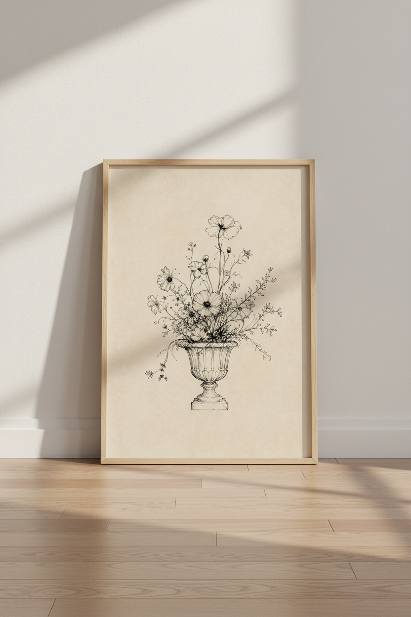Botanical Line Art Print | Vintage Ink Sketch, Vase Florals | Living Room Decor