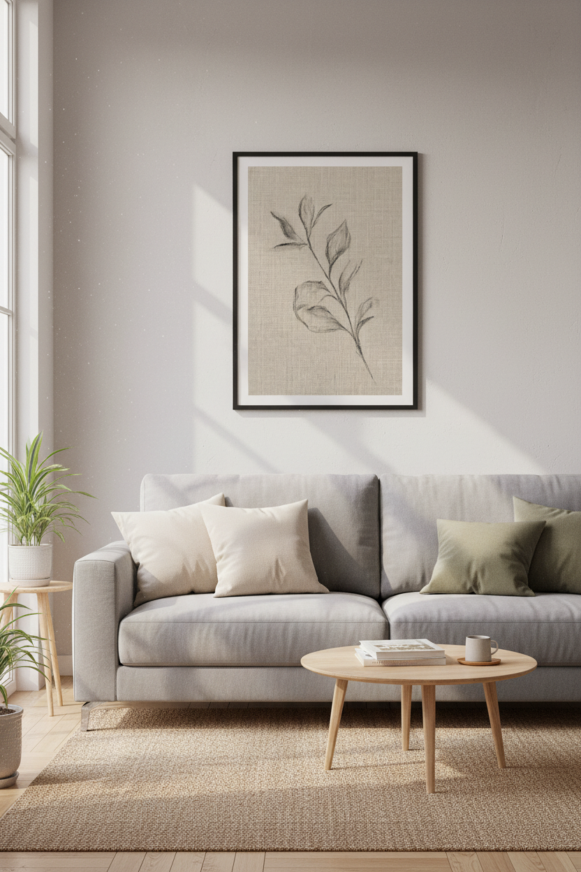 Minimalist Leaf Sketch Wall Art | Neutral Charcoal Botanical, Modern Farmhouse Poster