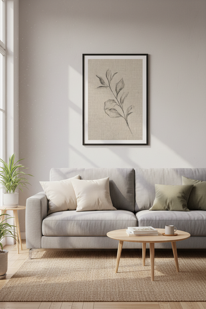 Minimalist Leaf Sketch Wall Art | Neutral Charcoal Botanical, Modern Farmhouse Poster