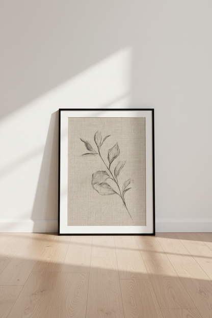 Minimalist Leaf Sketch Wall Art | Neutral Charcoal Botanical, Modern Farmhouse Poster