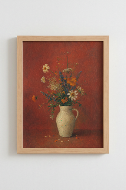 Floral still life print | Impressionist vase art, red backdrop decor