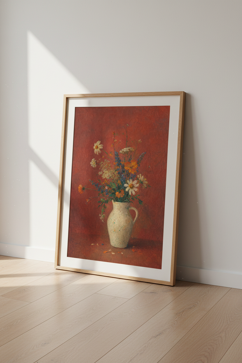 Floral still life print | Impressionist vase art, red backdrop decor