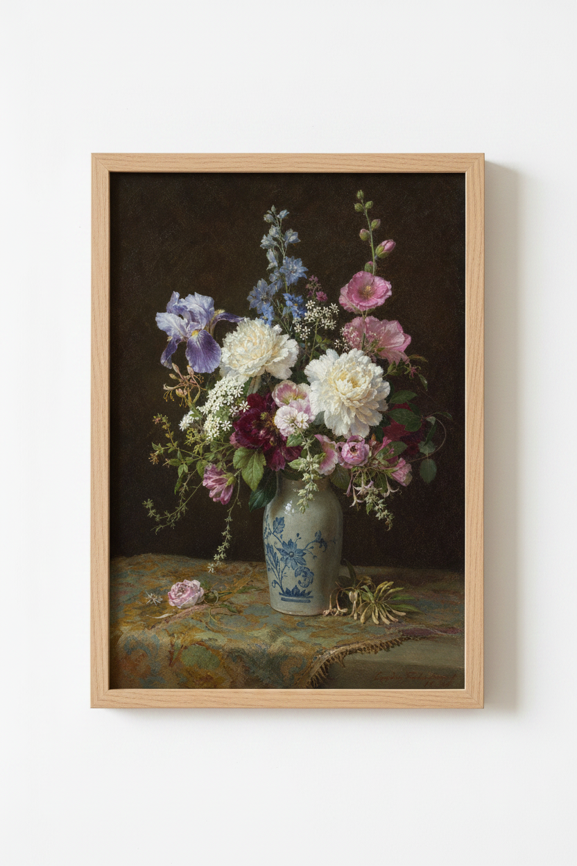 Floral Wall Art Print | Vintage Palette, Dark Backdrop, Living Room Decor