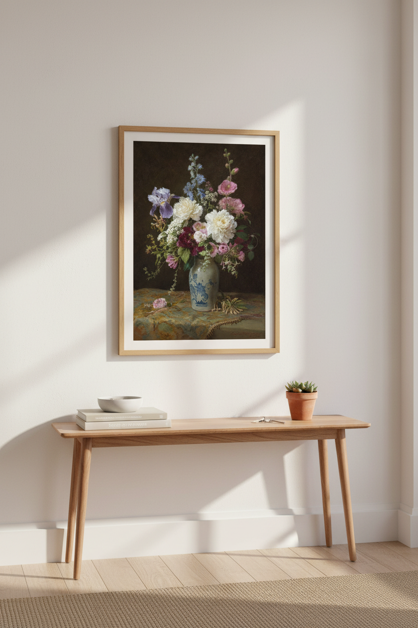 Floral Wall Art Print | Vintage Palette, Dark Backdrop, Living Room Decor