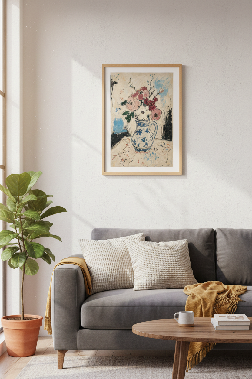 Floral Wall Art | Impressionist Bouquet in Soft Pink, Living Room Decor