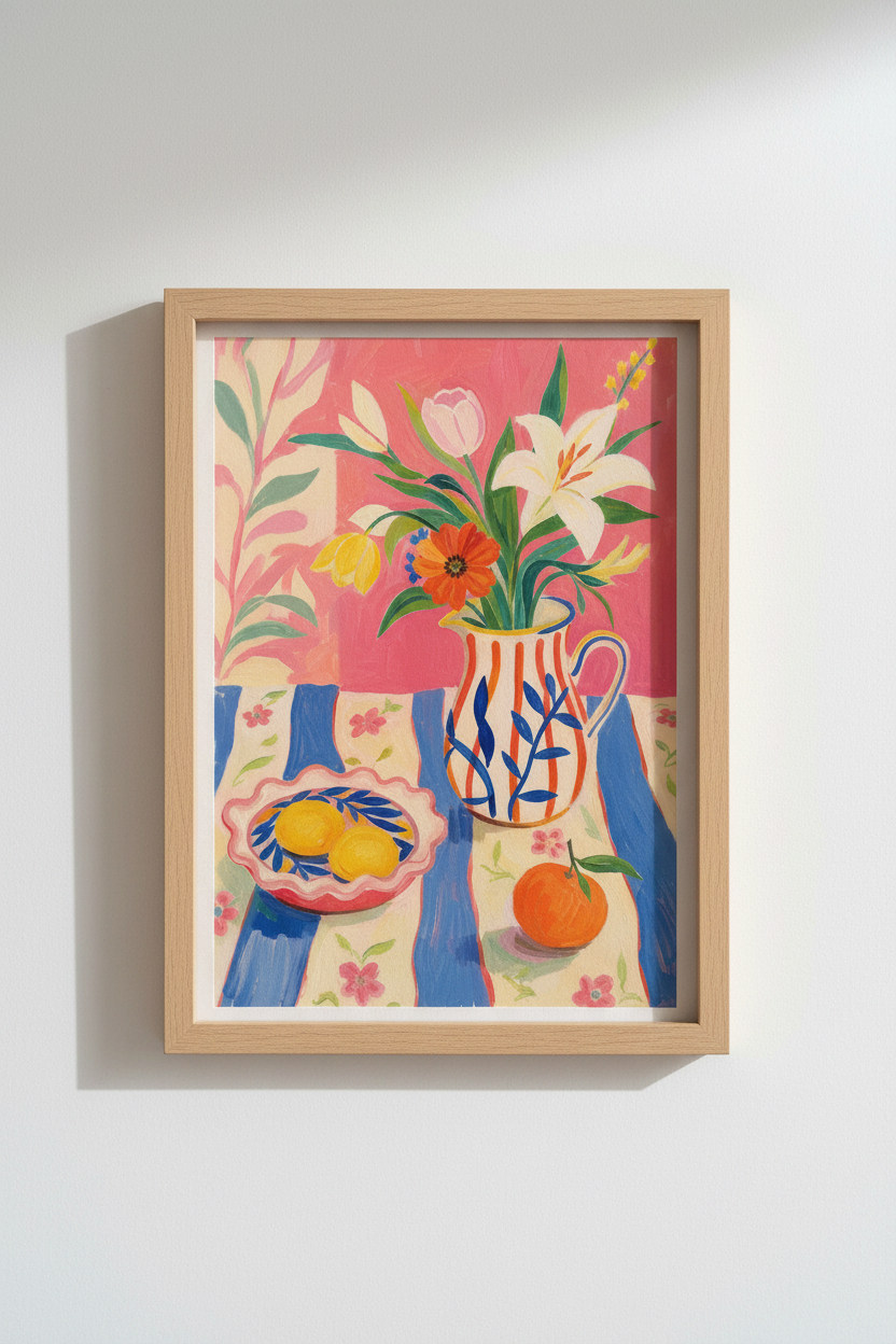 Colorful Floral Art Print | Pink Mediterranean Still Life, Bright Flower Kitchen Decor