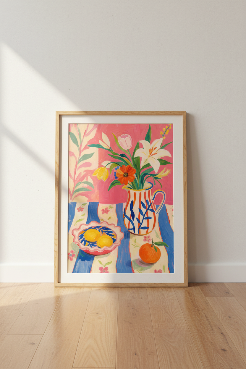 Colorful Floral Art Print | Pink Mediterranean Still Life, Bright Flower Kitchen Decor
