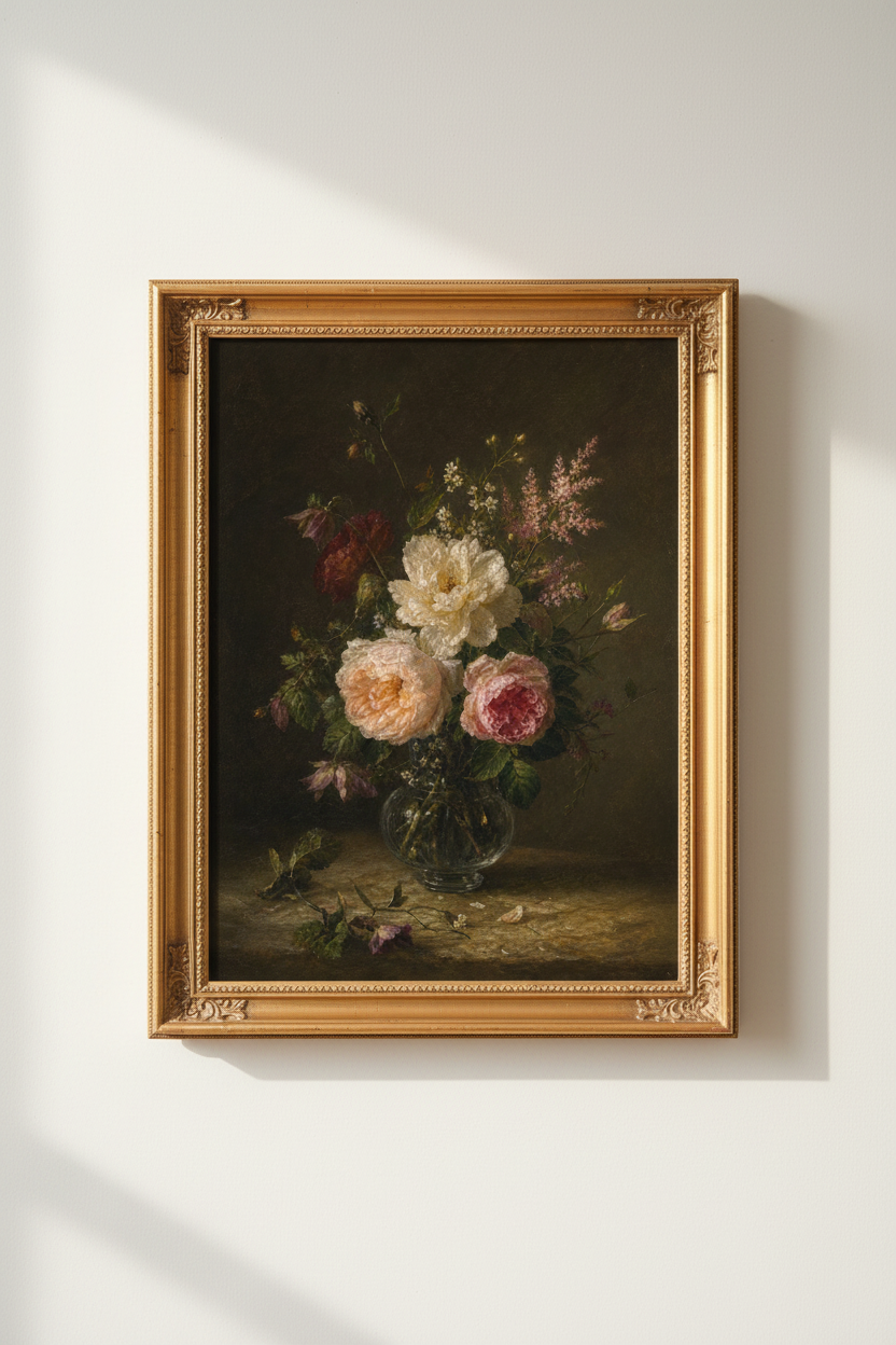 Vintage Floral Art | Classic Bouquet on Dark Backdrop, Living Room Decor
