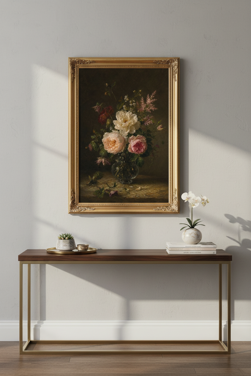 Vintage Floral Art | Classic Bouquet on Dark Backdrop, Living Room Decor