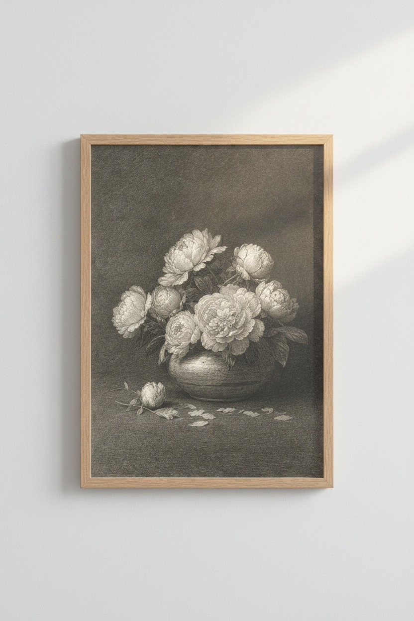 Botanical Art Print | Monochrome Vintage Bouquet Wall Decor